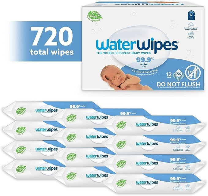 WaterWipes Plastic-Free Original Baby Wipes, 99.9% Water Based Wipes, Unscented & Hypoallergenic for Sensitive Skin, 720 Count (12 packs)